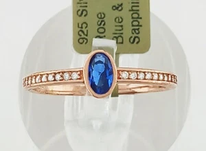 LAB CREATED 0.36 Cts BLUE & WHITE SAPPHIRE RING .925 SILVER (Rose tone) - NWT - Picture 1 of 6