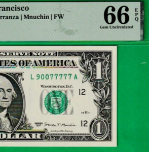 $1 Federal Reserve note FANCY Serial Number 90077777 PMG 66 - Picture 1 of 3