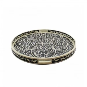 Bone Inlay Round Tray, Handmade Serving Tray Home Décor - Picture 1 of 11