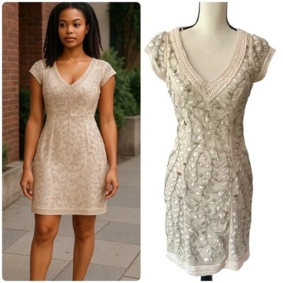 NUEVO Vestido de Cóctel Sue Wong Talla 6 Cuentas Lentejuelas Cuello en V Mangas Gorra Boda Hada Foto 1 de 4