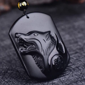 Obsidian Wolfskopf Halskette Anhänger schwarz Obsidian Wolf Halskette Schnitzerei - Bild 1 von 2