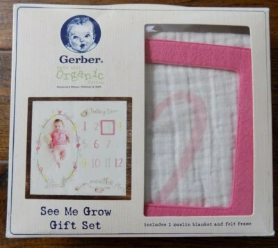 Manta de cumpleaños mensual de muselina orgánica Gerber + marco de fieltro conjunto de regalo See Me Grow Foto 1 de 4
