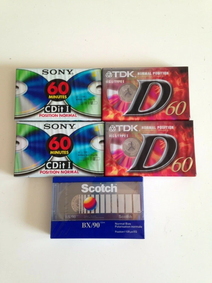 5 CassetteS Audio K7 Vierges neuves SONY TDK  SCOTCH 60-90min   ENREGISTREMENT  - Photo 1/1