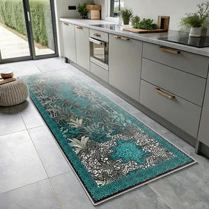 Tropical Design Runner Rug, Palm Leaf Rug Teal Exotic Carpet, Mosaic Pattern Rug - Picture 1 of 4