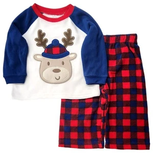 Infant Boys Blue & Red Fleece Reindeer Christmas Holiday Pajamas 12 Months - Picture 1 of 2