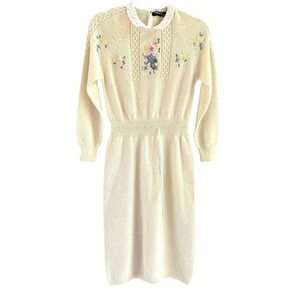 Abito maglione tinta unita Jane Esprit ricamato floreale taglia grande avorio cottage twee - Foto 1 di 15