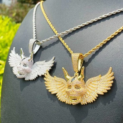 Collar Colgante Hip Hop Helado Bling Ala Calavera Circonita cúbica Hombres Rapero Moda Joyería NUEVO Foto 1 de 4