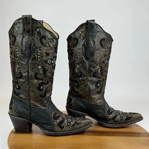 Womens Corral Crystal Cross Black Leather Python Western Cowboy Boots Size 7 M - Picture 1 of 11