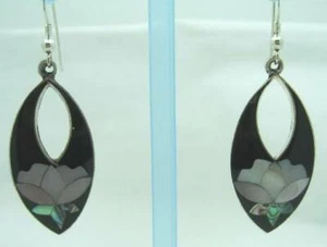 LOVELY 1989 ALIA ONYX, MOTHER OF PEARL & ABALONE STERLING SILVER DANGLE EARRINGS - Picture 1 of 8