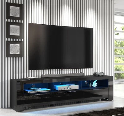 FURNEO 200cm TV Stand Black Unit Modern Long Cabinet Gloss &Matt LED Lights Phantom 10