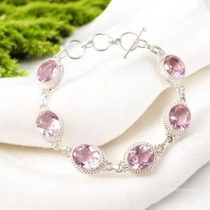 925 Sterling Silver Natural Morganite New Friendship Art Deco Bracelet Jewelry - Picture 1 of 7