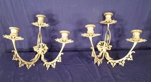 PAIR OF EARLY 20th CENTURY 3 ARM SOLID BRASS CANDLE SCONCES - Picture 1 of 9