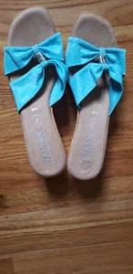 ITALIAN Shoemaker Aqua Wedge Slide Sandal Silver Tone Accent Sz 11M ITALY NEW - Picture 1 of 8