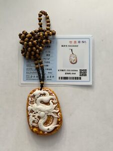 Certified Natural Mexico ambergris Carving luck Chinese dragon NECKLACE-N90056