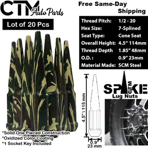 20Pc 4.5" TALL CAMO 1/2-20 SOLID STEEL SPLINE SPIKE LUG NUT+KEY FIT JEEP DODGE - Picture 1 of 2