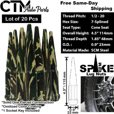 20 PIEZAS 4.5" DE ALTO CAMUFLAJE 1/2-20 ACERO SÓLIDO SPLINE ESPIGA TUERCA + LLAVE AJUSTE JEEP DODGE Foto 1 de 2