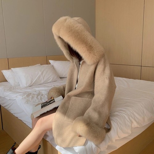 OFF WHITE Giacca cappotto lana pelliccia vera volpe invernale nuovo lungo con cappuccio pelliccia trench caldo