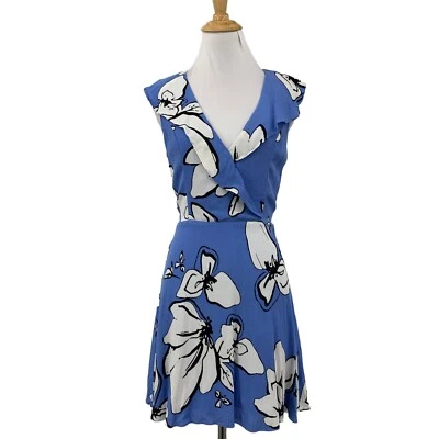 Vestido Parker Sahara para mujer 4 azul floral cremallera trasera imitación envoltura cuello en V auto lazo Foto 1 de 4