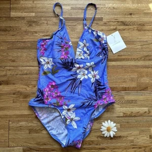 Costume intero nuovo con etichette Liz Claiborne blu lavanda viola floreale taglia 12 - Foto 1 di 7