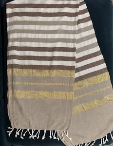 Striped Woven Metallic Table Runner Or SummerShawl W/ Fringe 67” Boho, Farmhouse - Picture 1 of 7