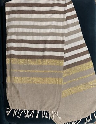 Striped Woven Metallic Table Runner Or SummerShawl W/ Fringe 67” Boho, Farmhouse - Image 1 of 4