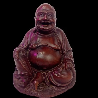 LG VINTAGE estátua de madeira esculpida japonesa feita à mão Buda rindo feliz Hotei década de 1940 - Imagem 1 de 4