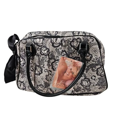 Jessica Simpson Black White Floral Lace Satchel Tote Bag Satin Bow Accent - Image 1 of 4
