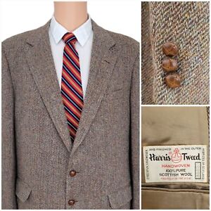 Harris Tweed Sport Coat 46R Beige Suit Jacket Herringbone Blazer Men's Vintage