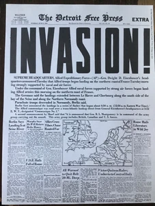 PERIÓDICO/PÓSTER DE LA SEGUNDA GUERRA MUNDIAL 1944 1 PÁGINA (2 LADOS) “INVASIÓN” ATERRIZAJES DEL DÍA D - Imagen 1 de 16