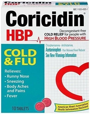 Coricidin HBP Cold and Flu Acetaminophen Tablets Decongestant Free 325 mg 10 Ct - Image 1 of 4