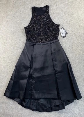 AQUA Dresses Bloomingdales 10 Black Sleeveless Beaded Racer Back Fit Flare NEW - Image 1 of 4