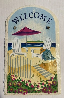 Pintado a mano, letrero de bienvenida, piedra de pizarra, 8,25" x 14,25", paisaje de playa Foto 1 de 2