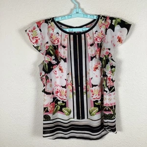Elle Womens T Shirt Top Sz XS Short Sleeve Floral Blouse Comfort Excellent - Picture 1 of 7