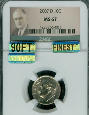 2007 D ROOSEVELT LOGO DIME NGC MS67 MAC 90FT MAC FINEST BUSINESS SPOTLESS. - Image 1 of 2