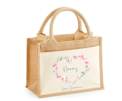 Personalised XL Jute Bag Shopping Bag Nanny Birthday Pink Floral Heart Xmas Gift - Image 1 of 2