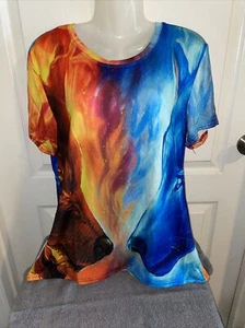 3-D WOMAN’S FASHION TOP ALL OVER DESIGN MULTI COLOR DOUBLE WOLF HEADS NWT L/XL - Picture 1 of 6