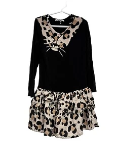 SONIA RYKIEL PARIS KIDS BLACK LONG SLEEVE ANIMAL LEOPARD RUFFLE DRESS 6 BLING! - Picture 1 of 5