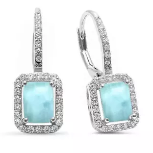 halo Natural Larimar & Cz Radiant Shape Lever Back .925 Sterling Silver Earrings - Picture 1 of 2