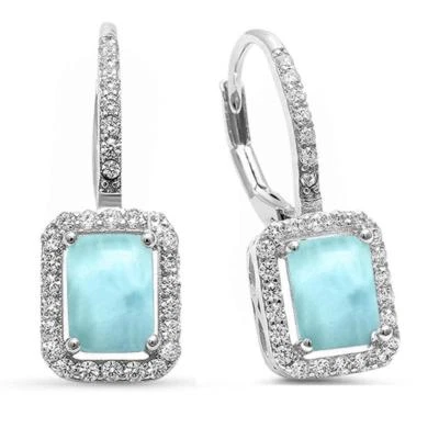 Pendientes de plata de ley .925 halo natural larimar y circonita cúbica con palanca trasera Foto 1 de 2