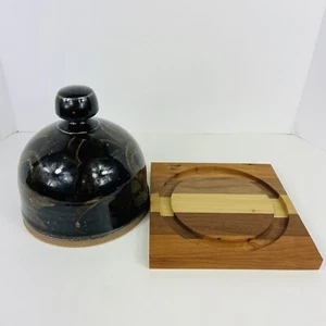 Art Pottery Dome & Berea College Woodcraft Cheese Board Plate Covered Dish Bell - Picture 1 of 11