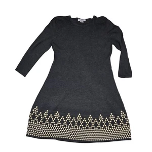 Jessica H Long Sleeve Dress W/ Geometric Print Hem Size L Charcoal Grey - Picture 1 of 9