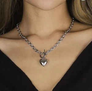 Heart Rattle Pendant Silver Stainless Steel Choker Necklace Chain Ladies 18'' - Picture 1 of 5