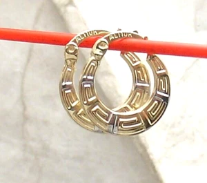 Small Graduated Greek Key Round Hoop Earrings REAL 10K Yellow White Twotone Gold - Picture 1 of 4