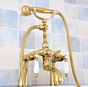 Gold Brass Clawfoot Bath Tub Faucet w/ Hand Spray Shower Mixer Tap Deck Mount - Picture 1 of 10