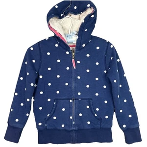 Mini Boden Hoodie Kids 7-8Y Blue White Polka Dot Zip Up Sherpa Lined Jacket Coat - Picture 1 of 10