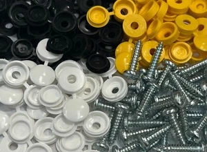 128 NUMBER PLATE CAR FIXING FITTING KIT 64 SCREWS HINGE CAPS BLACK YELLOW WHITE - Picture 1 of 1