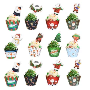 48x Xmas Cupcake Toppers and Wrappers Creative Unique Cake Christmas Decoration - Picture 1 of 11