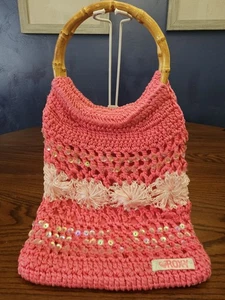 Bolso de mano Roxy Girl rosa hilo ganchillo con lentejuelas y flores asas de bambú - Imagen 1 de 13