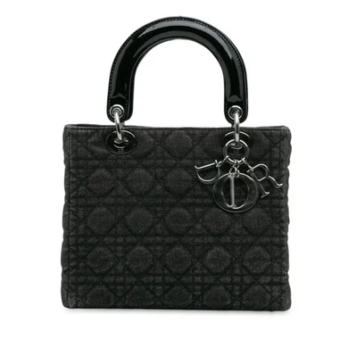 Authenticated Dior Medium Cannage Lady Dior Black Denim Fabric Satchel - Image 1 of 4