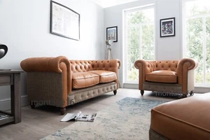 Bespoke Tudor Vintage Leather Harris Tweed Chesterfield Sofa ( Colours) - Picture 1 of 10